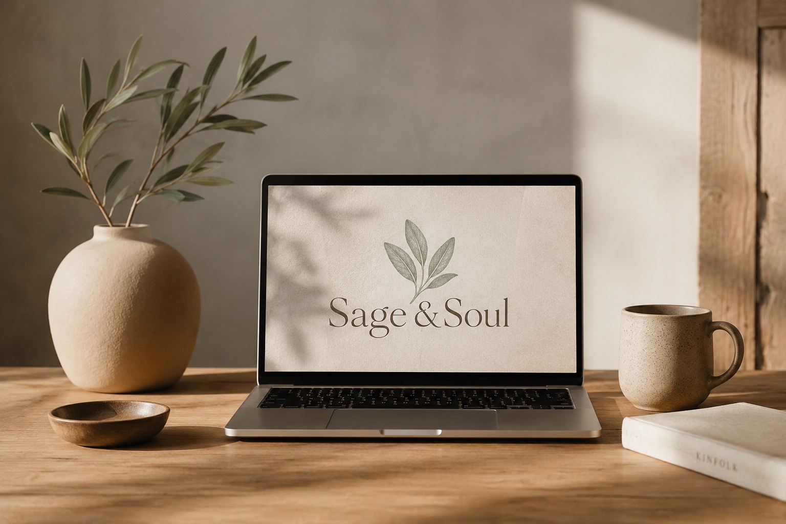 Editorial flat lay of a luxury feminine brand designer's workspace with eucalyptus and a laptop