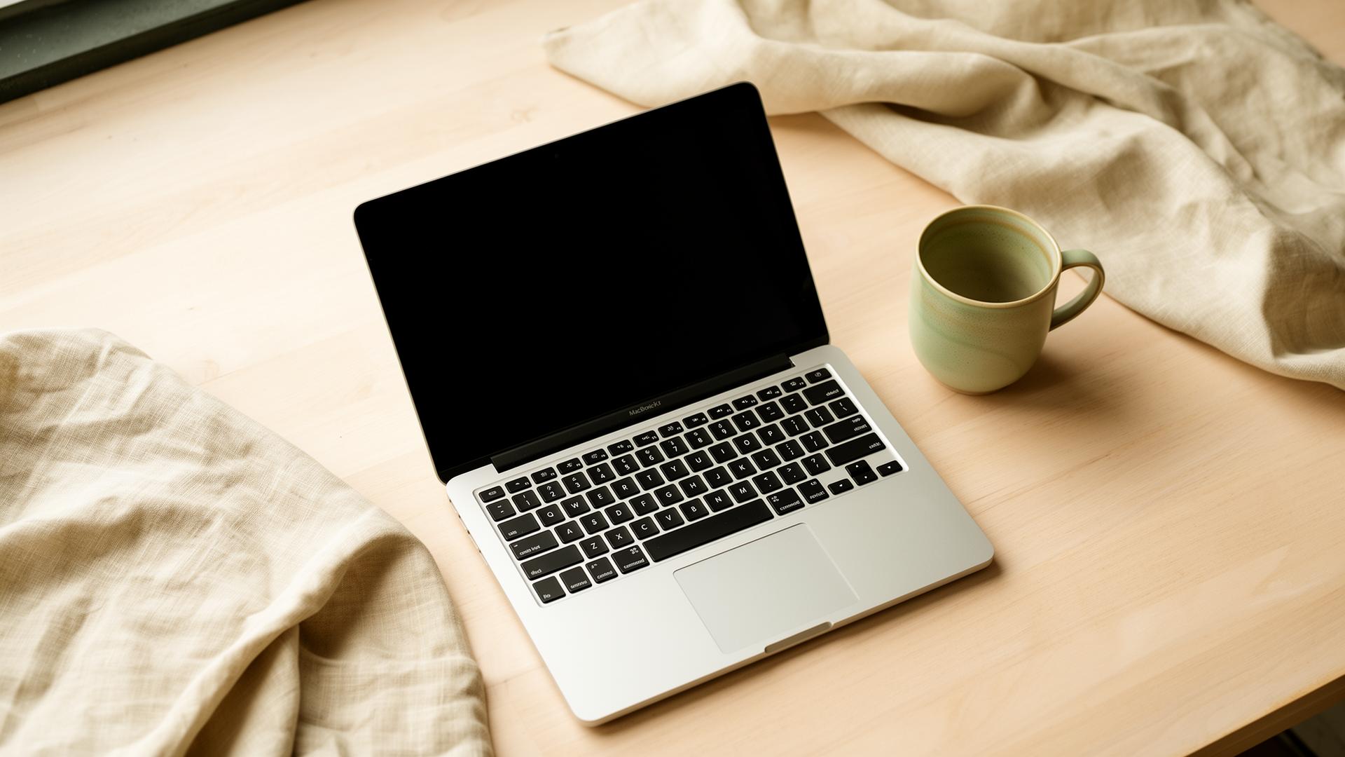 Editorial flat lay of a luxury feminine brand designer's workspace with eucalyptus and a laptop